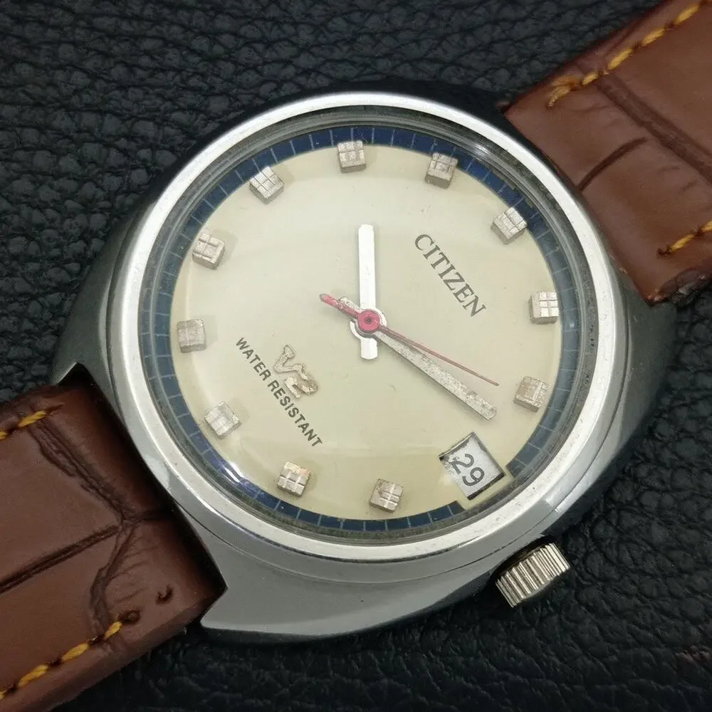 Vintage 1980 Citizen Manual Wound Mens Silver Watch W/Date & Cream accents